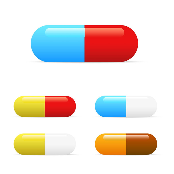 Kapsułki tabletki różnych kolorach ustawiona na białym tle na białym tle. Wektor - Wektor, obraz