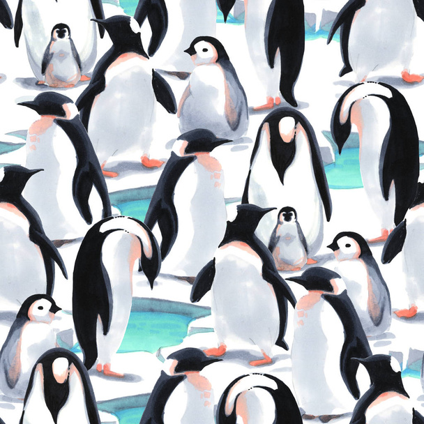 Watercolor seamless pattern witn penguin's flock  on the snow - 写真・画像