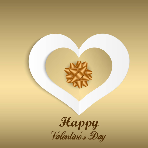 Happy Valentine's Day abstract background with cut paper gold heart and bow. Valentine's Day greeting card. Vector illustration - Vector, Image