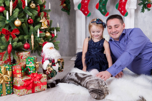Happy holidays. Father and daughter playing with cat near Christmas tree. - Photo, Image