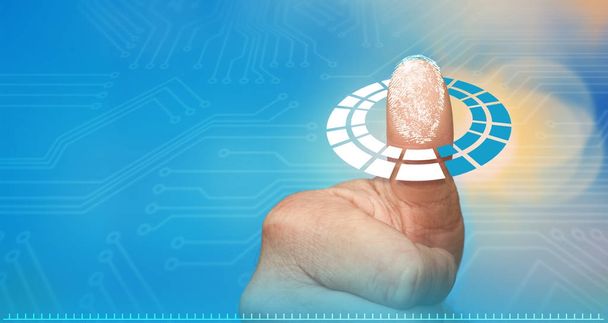 Biometric scanning of a Thumb, with fingerprints to secure your business: close up concept, Blue Background and Circuit Board - Photo, Image