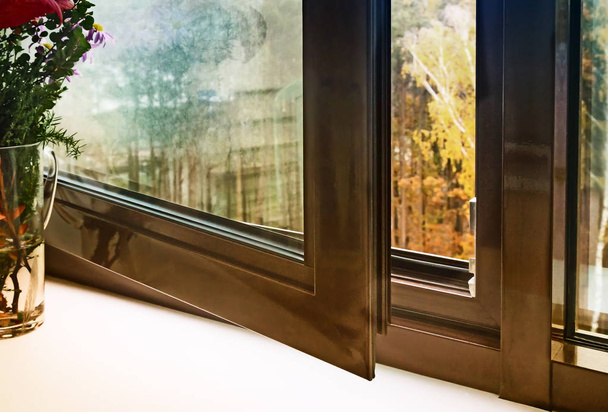 Fenêtre ouverte avec cadres bruns et vue sur le paysage d'automne
. - Photo, image