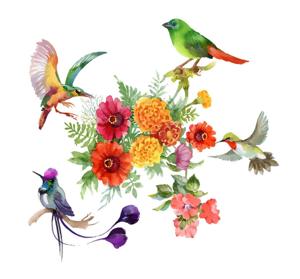 beautiful flowers and colorful birds - Vector, imagen