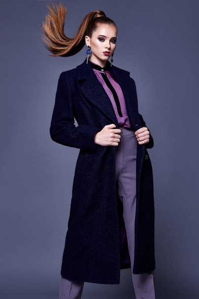 Beautiful sexy business woman wear black wool coat silk blouse a - Foto, Imagem
