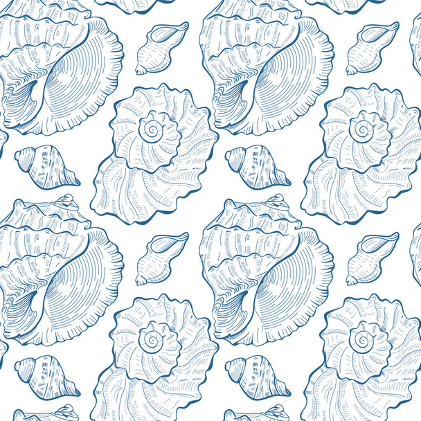 Hand drawn seashell seamless pattern in blue color. Summer backg - Vector, afbeelding