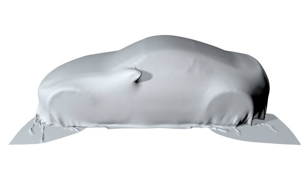 Samochód pokryte tkaniną na białym tle. renderowania 3D - Zdjęcie, obraz