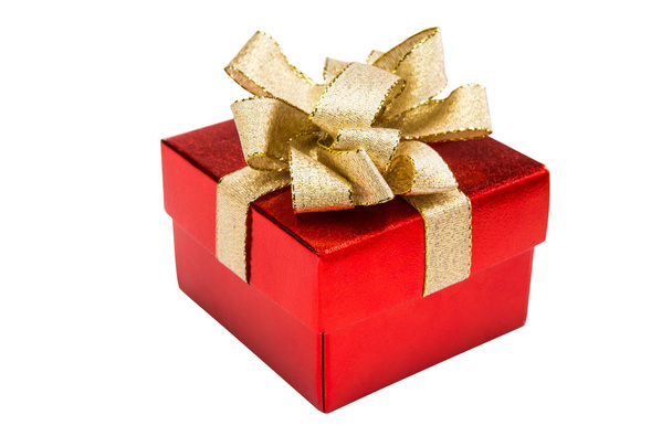 christmas red gift box with gold ribbon bow, isolated on white b - Photo, Image
