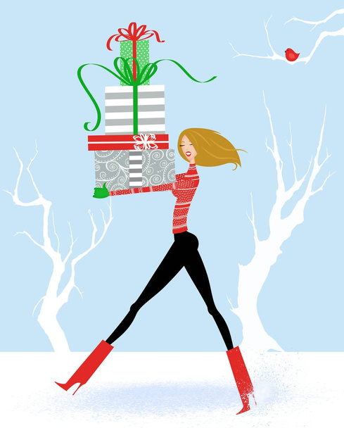Mulher bonita carregando presentes de Natal na neve
  - Foto, Imagem