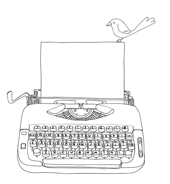 Írógép Creme és üres papír és kis madár vinta kék - Vektor, kép