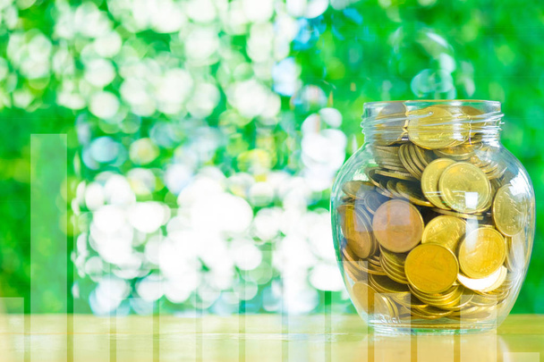 Gold coin money in the glass jar on table in garden with green b - Фото, изображение