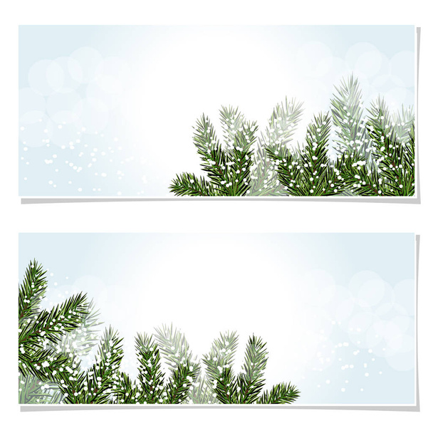 New Year Christmas. Flyer, business cards, postcards. invitations to the sale. Green tree branches in the snow. Isolated Illustration - Vecteur, image