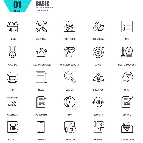Conjunto de iconos básicos de línea delgada para sitio web
  - Vector, Imagen