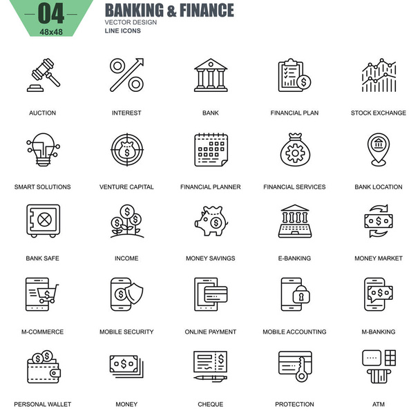 細い線の銀行と金融のアイコン - ベクター画像