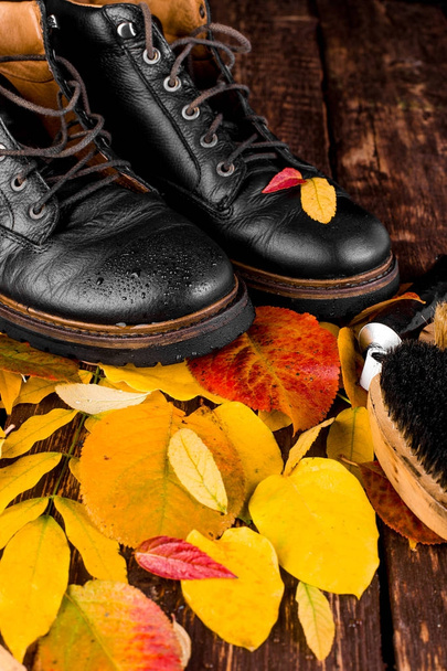 Botas impermeables negras sobre fondo de madera con equipo de pulido de hojas de otoño, cepillo y crema pulidora
. - Foto, Imagen