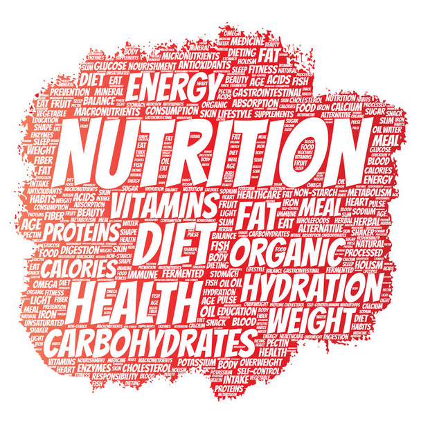Conceptual nutrition health diet paint brush word cloud isolated background. Collage of carbohydrates, vitamins, fat, weight, energy, antioxidants beauty mineral, protein medicine concept - Photo, Image