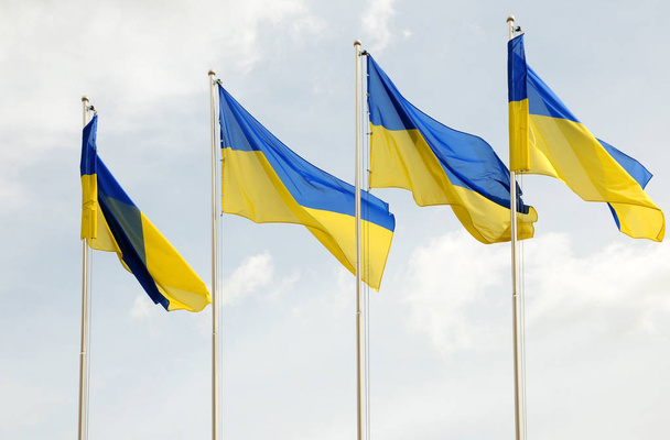 Σημαίες της Ουκρανίας και της Ευρωπαϊκής Ένωσης (ΕΕ) κατά ουρανό. - Φωτογραφία, εικόνα