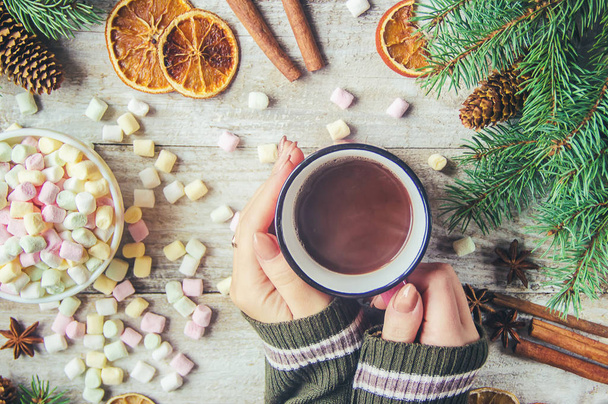 Cioccolata calda e marshmallow su sfondo natalizio. Focus selettivo
.  - Foto, immagini
