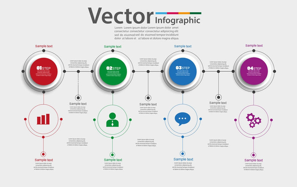 Four steps infographics with colorful circles. Can be used for workflow layout, diagram, business step options, banner, web design. Vector Eps 10 - Διάνυσμα, εικόνα
