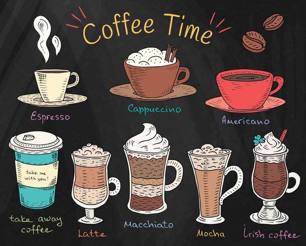 Καφέ χρόνο. Όμορφη εικονογράφηση είδη καφέ. Εσπρέσο, καπουτσίνο, Αμερικανικά, takeaway, latte, μόκα, Ιρλανδικός Καφές σε φόντο Μαυροπίνακας - Διάνυσμα, εικόνα