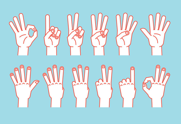 Zählen Sie an den Fingern. Geste. stilisierte Zeiger mit unterschiedlichen Zahlen. Symbole. Vektor. - Vektor, Bild