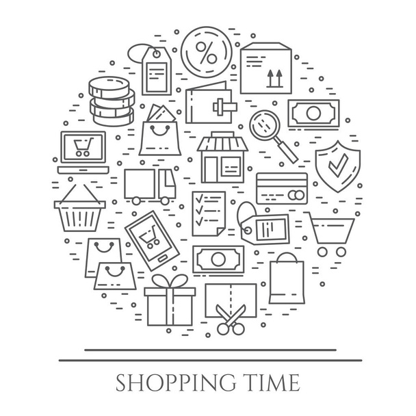Shopping theme horizontal banner. Pictograms of bag, credit card, shop, delivery, cash, wallet, cart, sticker and other purchases related elements. Vector illustration. - Vector, Image