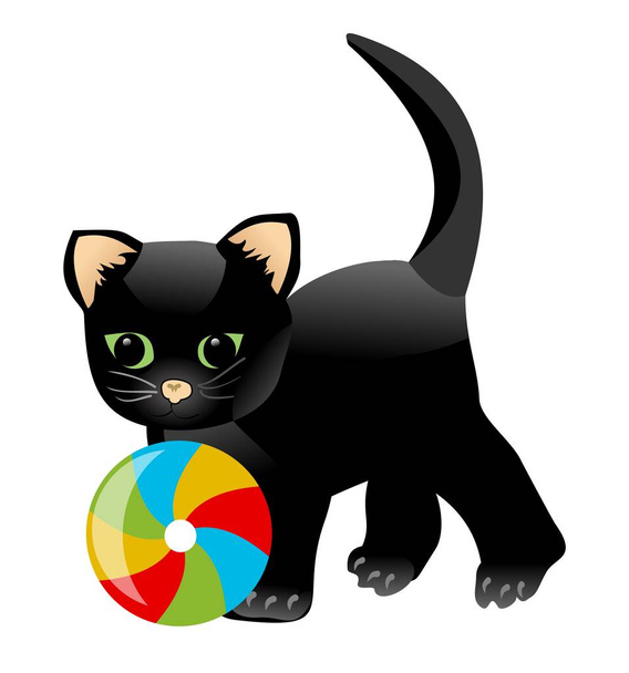 Черный котенок играет с цветным мячом. Маленькая игривая кошачья карикатура на белом фоне. Детская иллюстрация
 - Вектор,изображение