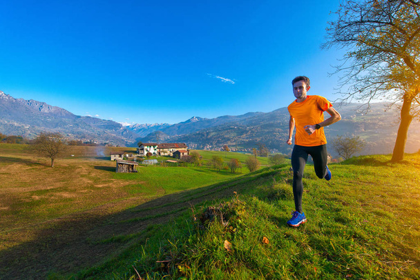 Corredor en un valle de los Alpes italianos corre en el prado de arriba
  - Foto, Imagen