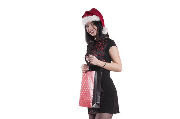 beautiful girl cap santa claus package office isolated - Фото, изображение