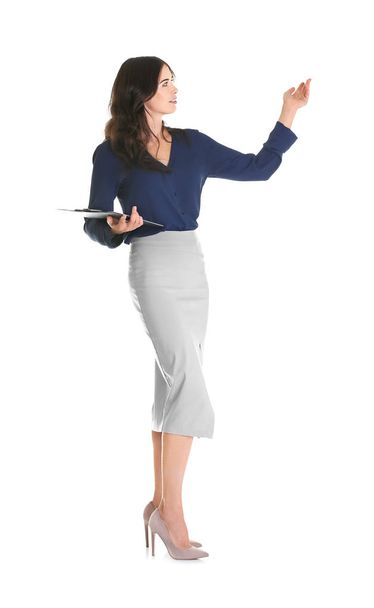 Young beautiful woman with clipboard on white background - Photo, image