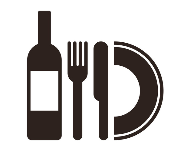 Bottle, plate, knife and fork - Vector, Image