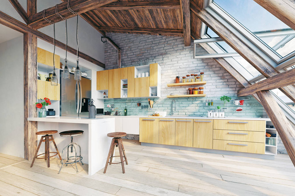Attic kitchen interior - Photo, Image
