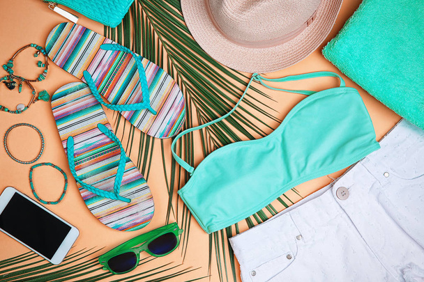 Composition with mint clothes and accessories  - Fotoğraf, Görsel