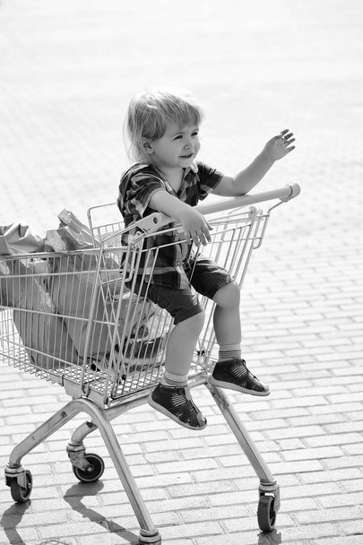 Cute boy in shopping trolley - Foto, Imagen