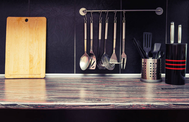 Black kitchen with kitchen utensils - Foto, Imagem