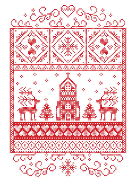 Elegáns Merry Christmas skandináv, skandináv stílusú téli minta beleértve a hópehely, szív, rénszarvas, karácsonyfa, hó, hópehely, kápolna, a téli csodaország táj, fehér és piros - Vektor, kép