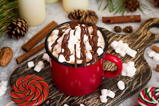 Cocoa with marshmallows and chocolate in a Christmas style - Фото, зображення