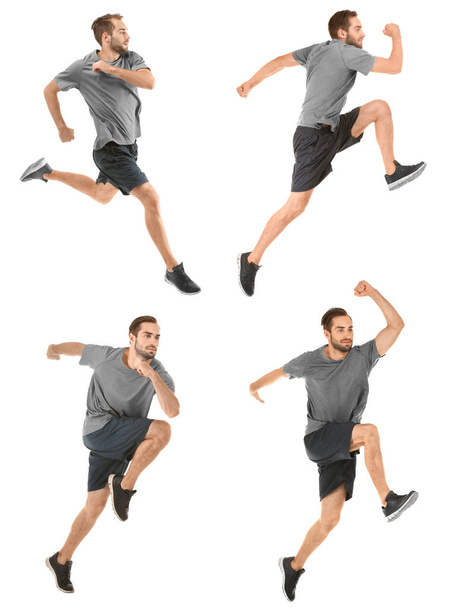 Collage with running man on white background - Foto, afbeelding