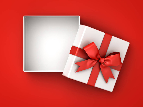 Boîte cadeau ouverte, boîte cadeau avec noeud ruban rouge et espace vide dans la boîte isolé sur fond rouge avec ombre
 - Photo, image