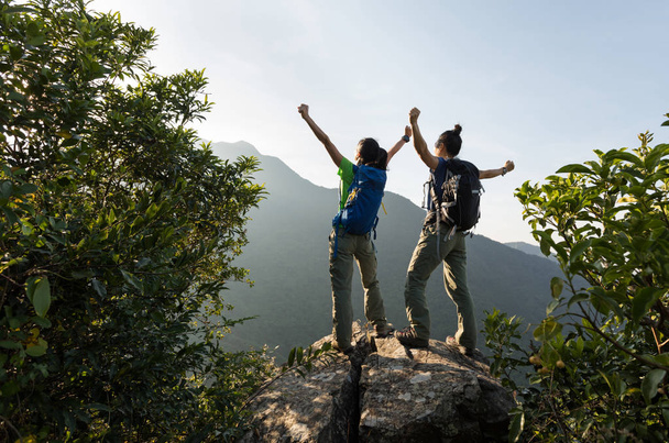 дві молоді жінки рюкзаки, що стоять на вершині гори і насолоджуються видом
 - Фото, зображення