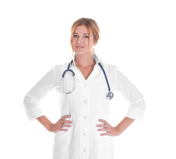 Doctor with stethoscope on white background - Foto, afbeelding