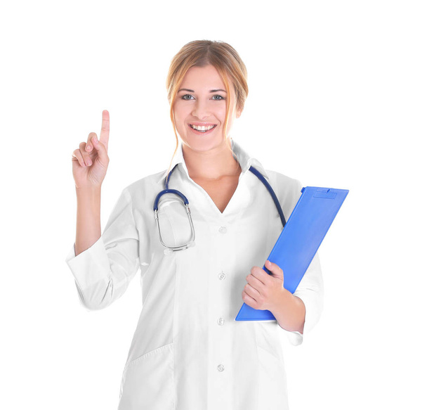 Doctor with clipboard on white background - Zdjęcie, obraz