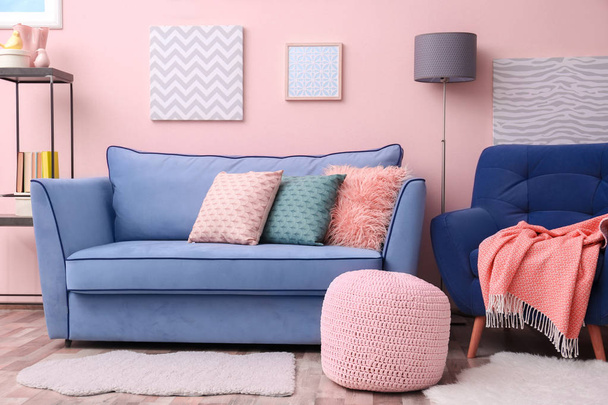 Modern living room interior with blue furniture - Foto, Imagem