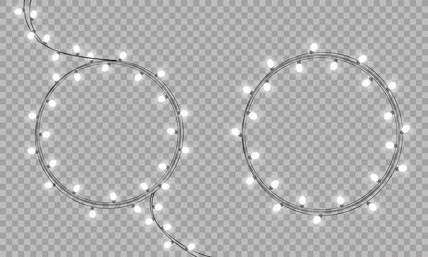 Çelenk Noel süslemeleri ışıklar efektleri. İzole vektör tasarım öğeleri. Parlayan ışıklar Xmas tatil tebrik kartı tasarımı için. Noel dekorasyon gerçekçi parlak garland - Vektör, Görsel