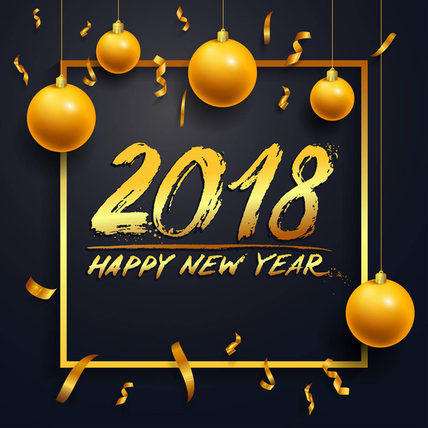 Ilustración vectorial de feliz año nuevo 2018 oro y colores negros. Calendario de diseño de texto. Dibujo a mano alzada. Bolas de Navidad. Aislado sobre un fondo oscuro
 - Vector, imagen