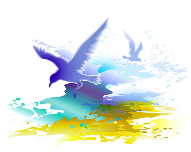 Vliegende vogels achtergrond met oceaan golven en meeuwen - Vector, afbeelding