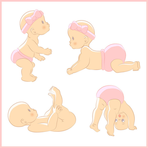 Zestaw ilustracji wektor z cute little noworodka dziewczynka dzieci - Wektor, obraz