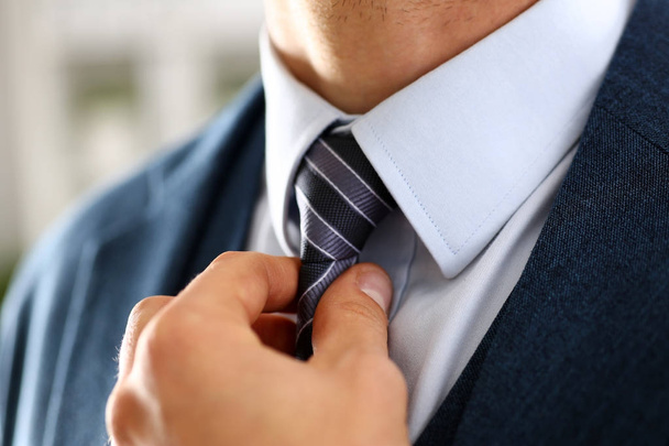 Male arm in blue suit set tie closeup - Фото, зображення