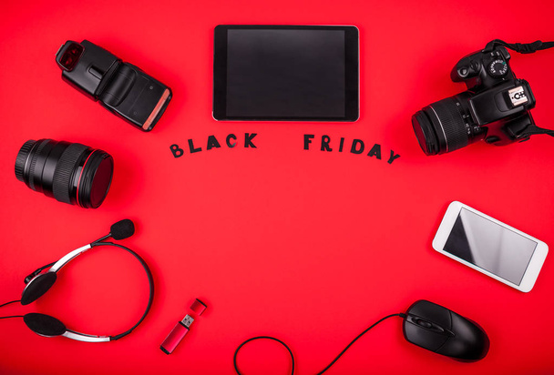 Top view of modern devices ready for sale on Black Friday - Photo, Image