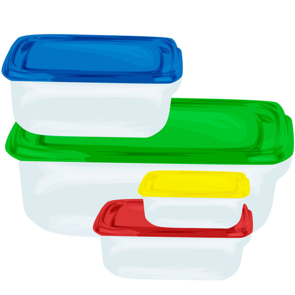 grüne und blaue Plastikbehälter für Lebensmittel, isoliert auf weißem Hintergrund. Lunchbox. - Vektor, Bild