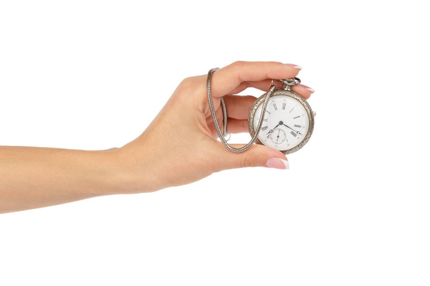 Pocket's clock in the woman's hand, isolated - Photo, Image